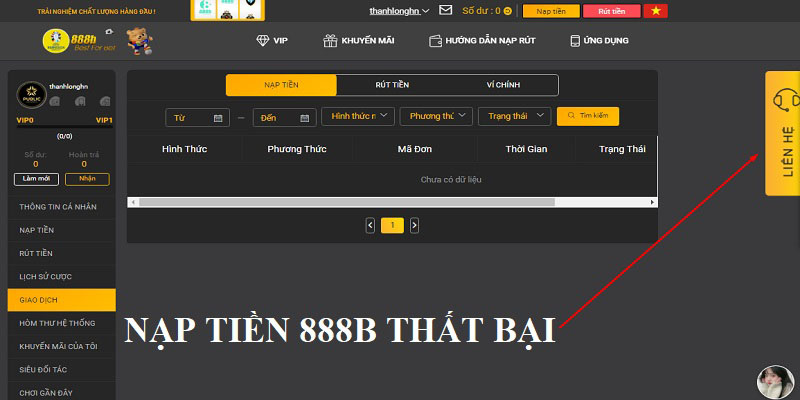 Nạp tiền 888B thất bại cần làm gì?